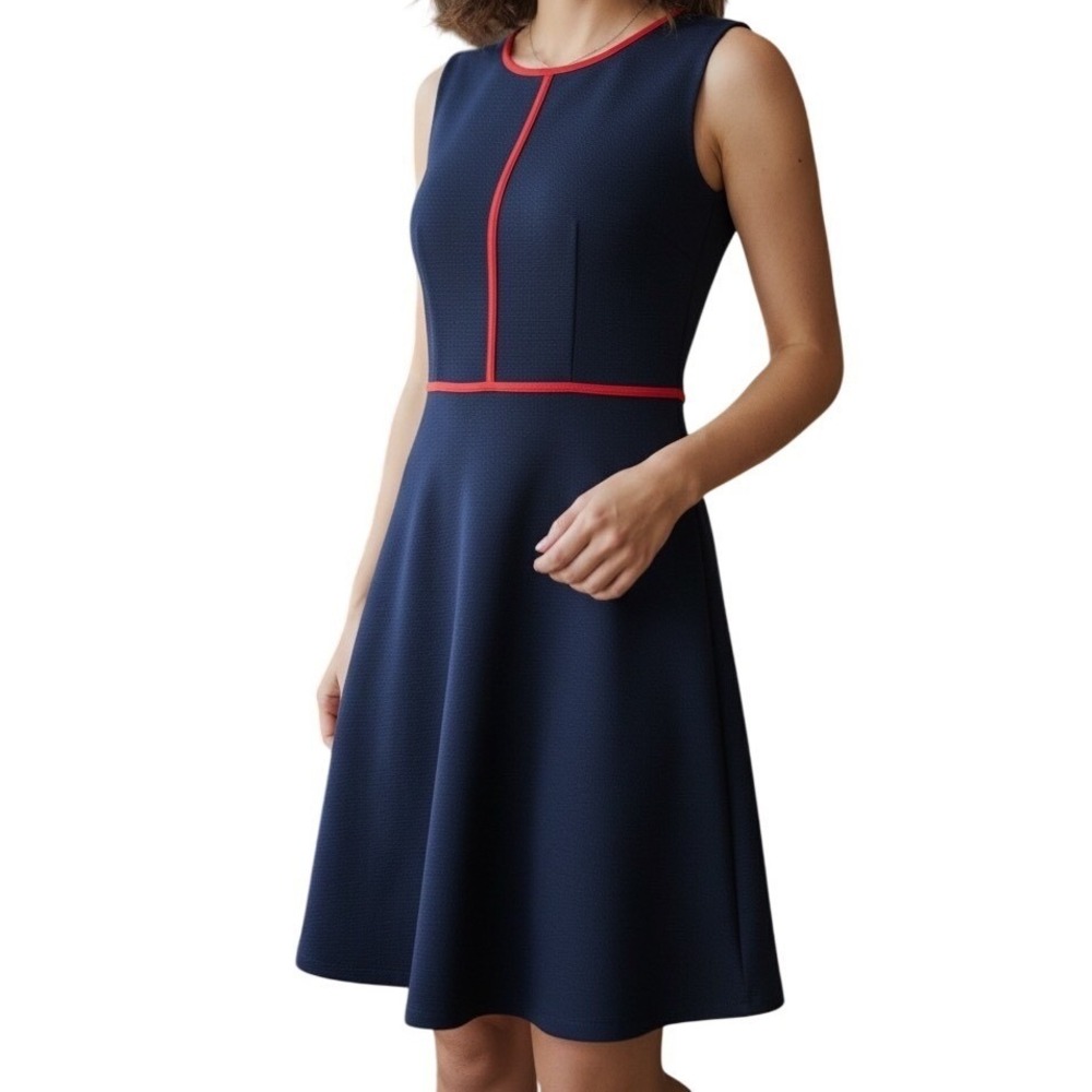 ANTHROPOLOGIE THML‎ Navy Textured  Coral Trim Sleeveless Fit Flare Dress NWOT XS